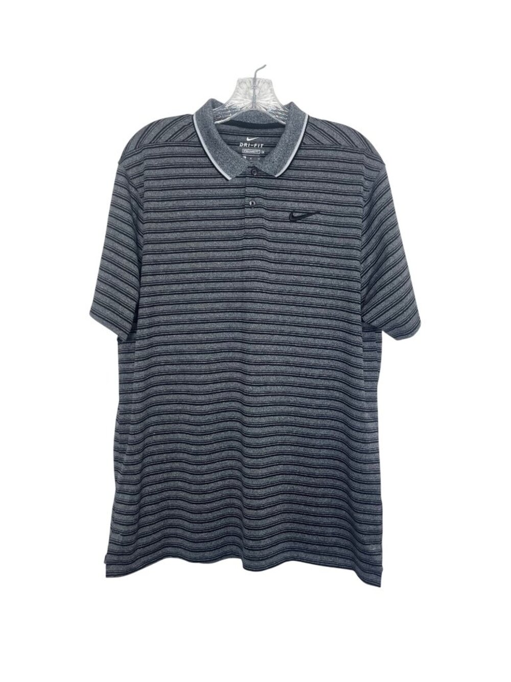 Nike Golf Polo Shirt Mens Large Gray Black Stripes Standard Fit Casual Dri-Fit